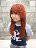 オレンジブラウンカラー　ブリーチカラー　セミロング
