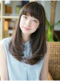 animo春日部/オリーブカラー内巻きレイヤーロング/ぱっつん前髪w