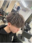 メンズパーマブラウンベースホワイトメッシュツイスパマッシュ