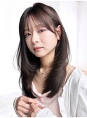 グレージュロング暗めカラー韓国ヘア顔周りレイヤー_F31128
