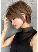 シルキーベージュデザインカラー斜めバング束感ショート【中村】