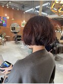 ブリーチなしピンクブラウン切りっぱなしボブニュアンスパーマ