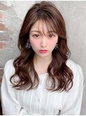 デジタルパーマ前髪パーマ韓国くびれミディアムチェリーブラウン
