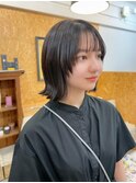 ウルフレイヤーくびれボブグレージュ黒髪暗髪
