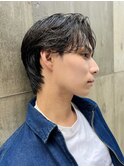 センターパートスパイキーショートフェザーパーマダークアッシュ