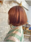 丸みボブ×オレンジ艶カラー[30代40代50代の大人女性におすすめ]