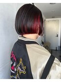 小顔ストレートボブ黒髪モードインナーレッドピンク系可愛い
