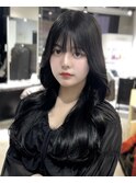 レイヤーロング似合わせカットフルバング黒髪アッシュブラック