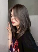 顔周りレイヤーオリーブグレー小顔ロング韓国ヘア_F21083