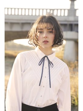 ルク(RUKU) ボブグレーベージュレイヤーロング前髪パーマアッシュブラック