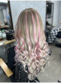 ベージュグラデーション×ピンクメッシュ