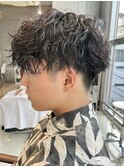 仙台波巻きパーマメンズマッシュセンターパートゆるめ強め30代◆