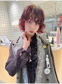 ブリーチパーマボルドーマッシュショートパーマ