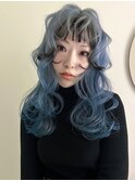 ブルーとブラックの前髪デザインカラー(ブリーチ2回)