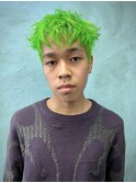 メンズカット　ショート　スパイキー　派手髪　黄緑　グリーン