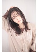 地毛風カラー ミディアム パーマ 暗髪 シースルー 韓国風