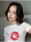 ミディアム顔周りレイヤー韓国ヘア暗めカラー_ba561571