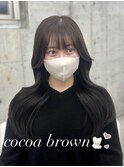 ココアブラウン くびれレイヤーカット ぱっつん前髪顔周りカット