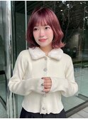 ラベンダーピンク　ダブルカラー　ケアブリーチ　ウェーブ巻き