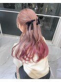 グラデーションカラー　チェリーピンク　ハーフツイン　リボン