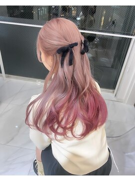 ランテルディ 渋谷(LANTERDIT) グラデーションカラー　チェリーピンク　ハーフツイン　リボン