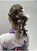 浴衣の着付けとツインポニーアレンジ