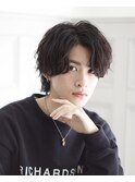 メンズダークアッシュニュアンスパーマ韓国マッシュウルフカット