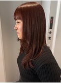 ロングミディアムレイヤー暖色カラーチェリーレッドブラウン渋谷