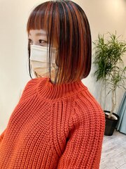 【セクションカラー】コントラストオレンジカラー/ボブスタイル