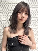韓国ヘアーグレーベージュレイヤーロング前髪パーマ黒髪