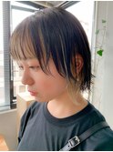 前髪インナーカラー、ブロンド、グレー、ボブウルフ