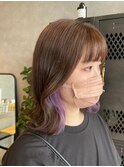 ブラウン+ラベンダーインナーカラー S字ウェーブミディ