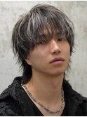 メンズホワイトハイライトカラー透けバングウルフ