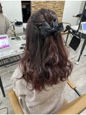 ピンクブラウンカラーハーフアップ