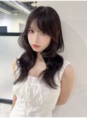ロング暗めカラー韓国ヘア顔周りレイヤー_F41011