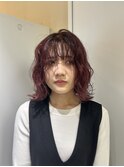 ボブスタイル/ボブスタイル/切りっぱなしボブ/ワインレッド