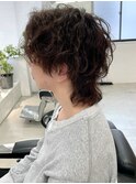メンズミディアム ウルフヘア パーマ ベージュ