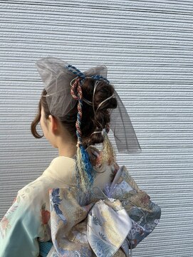 メンズアンドレディース モテナ 水引アレンジ、フィガーエイト風、着物ヘア