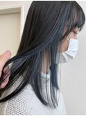 髪質改善★ハイライトブルーブラック白髪染めロングウルフ