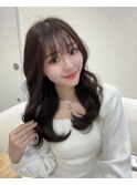 小顔薄めバンググレージュレイヤーロング前髪パーマ黒髪