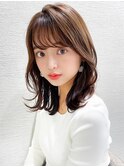 くびれヘア/ショコラベージュ/ミディアムヘア/ベビーバング