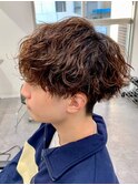 ダークアッシュニュアンスパーマ韓国マッシュベリーショート