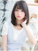 シースルーバング黒髪小顔レイヤーミディアムh2越谷20代30代40代