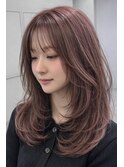 Hボルドーカラーバタフライレイヤーカットミディアムロング