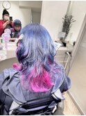 派手髪ネイビー×ピンクミディアムウルフ現場ヘアメ推し活ヘア