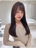小顔薄めバンググレージュレイヤーロング前髪パーマ黒髪