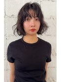 ボブパーマ黒髪暗髪前髪ゆるふわレイヤーパーマシースルーバング