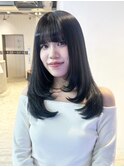 ロング顔周りレイヤー韓国ヘア前髪カット_F0515