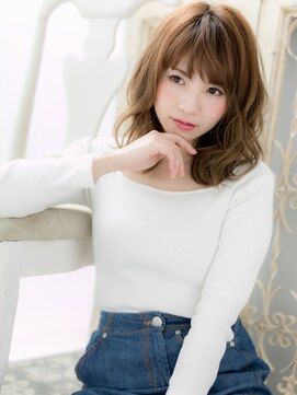 大波純一美容室パーティハン オン眉フェミニンオレンジベージュゆる巻ミディa小山20代30代