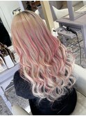 10代・20代/ハイライトエクステ/ハイトーンベージュ×ピンク